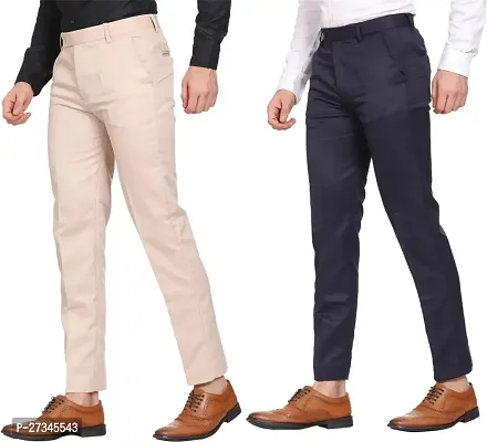 Stylish Multicoloured Cotton Blend Solid Regular Trousers For Men Combo Of 2