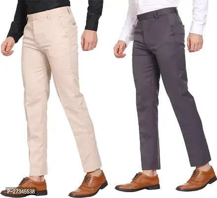 Stylish Multicoloured Cotton Blend Solid Regular Trousers For Men Combo Of 2