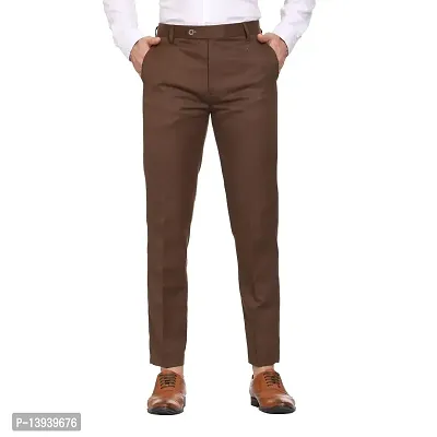 Brown Cotton Blend Casual Trousers For Men