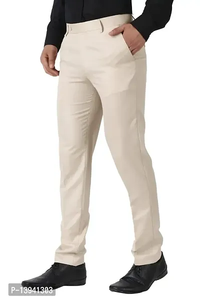 Beige Cotton Blend Mid Rise Casual Trousers For Men-thumb5