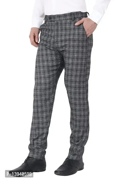 MALENO Men's Stretchable Checkered Black Regular Fit Formal Trouser-thumb3
