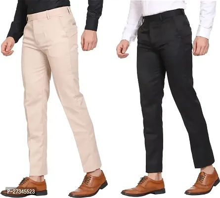 Stylish Multicoloured Cotton Blend Solid Regular Trousers For Men Combo Of 2-thumb0