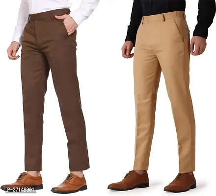 Stylish Multicoloured Polyester Cotton Blend Mid-Rise Trouser For Men Pack Of 2