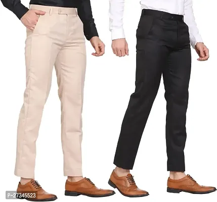 Stylish Multicoloured Cotton Blend Solid Regular Trousers For Men Combo Of 2-thumb2