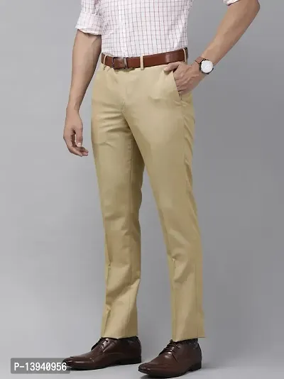 Beige Polyester Viscose Blend Casual Trousers For Men-thumb3