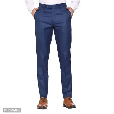 Navy Blue Cotton Blend Casual Trousers For Men
