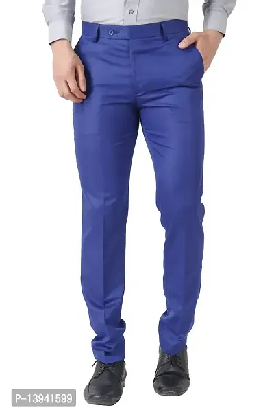 Blue Cotton Casual Trousers For Men