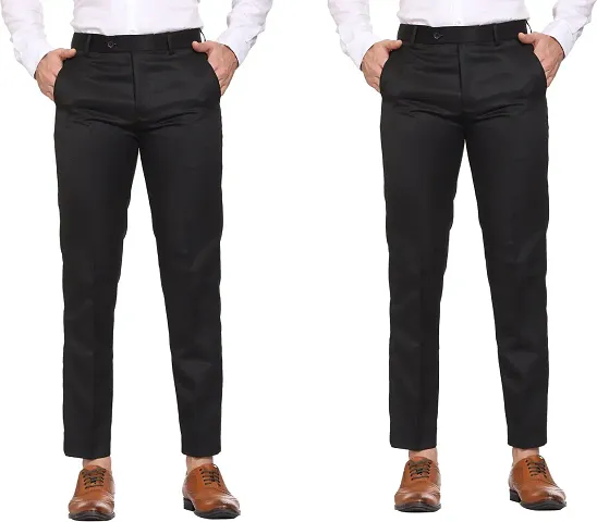 Fabulous Cotton Blend Solid Formal Trousers For Men- Pack Of 2
