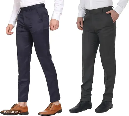 Elegant Polyester Cotton Blend Solid Formal Trousers For Men- Pack Of 2-thumb0