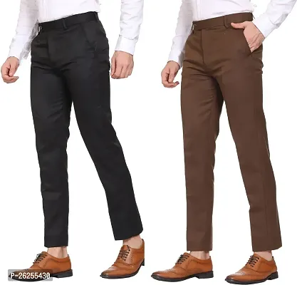 Stylish Polycotton Multicoloured Solid Regular Fit Formal Trousers For Men Pack Of 2