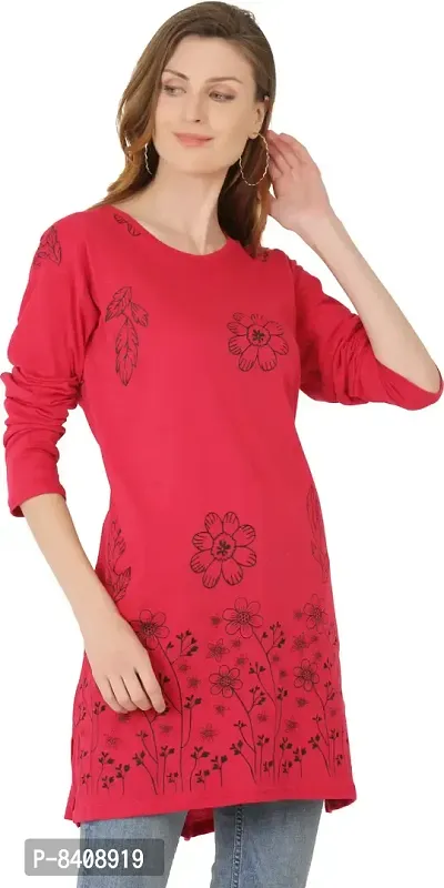 Reliable Red Cotton Blend Floral Print Round Neck Tunic For Women-thumb4