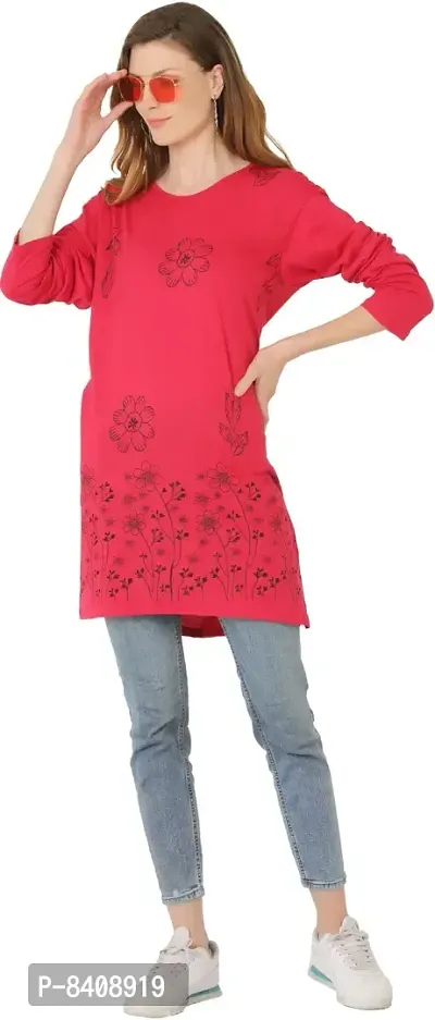 Reliable Red Cotton Blend Floral Print Round Neck Tunic For Women-thumb0