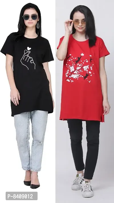 Reliable Cotton Blend Printed Round Neck Tunic For Women- Pack Of 2