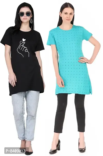 Reliable Cotton Blend Printed Round Neck Tunic For Women- Pack Of 2