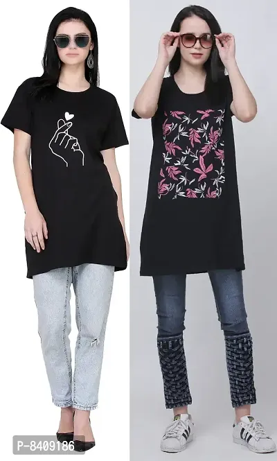 Reliable Cotton Blend Graphic Print Round Neck Tunic For Women- Pack Of 2