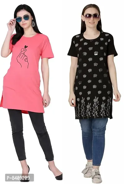 Reliable Cotton Blend Printed Round Neck Tunic For Women- Pack Of 2