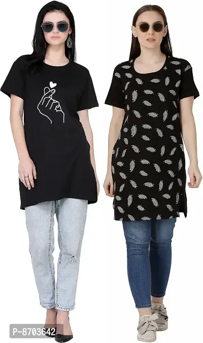 Stylish Fancy Cotton Blend Printed Round Neck Tunic Combo For Women Pack Of 2