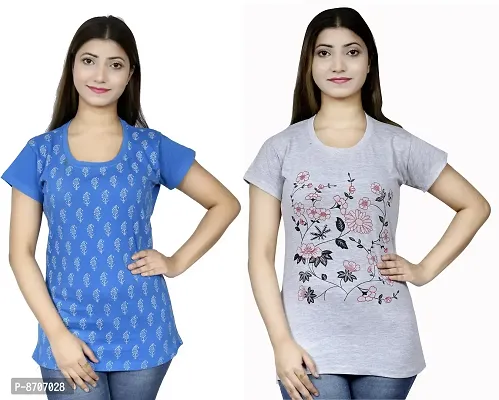 Stylish Fancy Cotton Blend Printed Round Neck Tunic Combo For Women Pack Of 2-thumb0