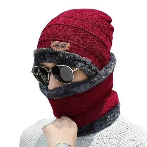 DAVIDSON Winter Knit Beanie Cap Hat Neck Warmer Scarf and Woolen Gloves Set for Men & Women (3 Piece)