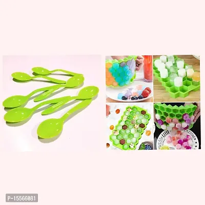 Combo Pack Of Plastic Spoon,Table Spoon,Kids Spoon(12 Pcs) And Honey Comb Ice Cube Tray For Freezer,Drinks(1 Pcs) -Green-thumb0