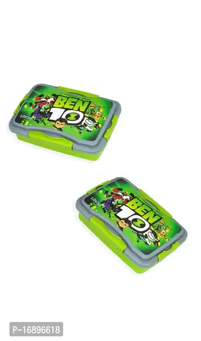Plastic Ben 10 Cartoon Printed Airtight Lock and Fit Lunch Box for School with Containers, Tiffin Snack Box with Fork and Spoon -Green(2 Pcs)-thumb0