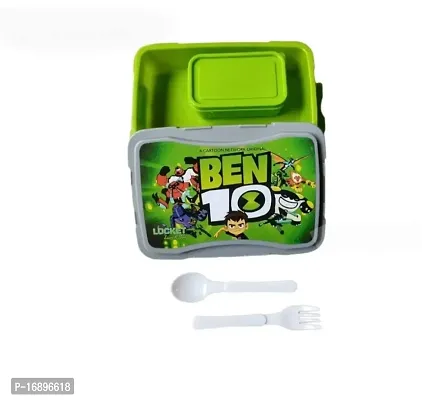 Plastic Ben 10 Cartoon Printed Airtight Lock and Fit Lunch Box for School with Containers, Tiffin Snack Box with Fork and Spoon -Green(2 Pcs)-thumb3