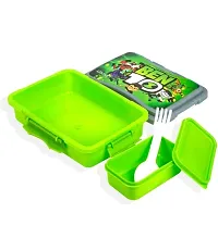Plastic Ben 10 Cartoon Printed Airtight Lock and Fit Lunch Box for School with Containers, Tiffin Snack Box with Fork and Spoon -Green(2 Pcs)-thumb1