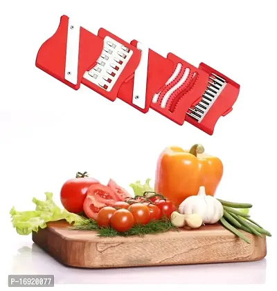 Plastic 6 in 1 Slicer  Grater with Safety Holder  Extra Sharp V Blade, Includes 6 Detachable Slicers, Ripple, Greater Suitable for Onion, Carrot, Tomato, Cucumber, Beat  Vegetable-Red(1 Pcs)-thumb3