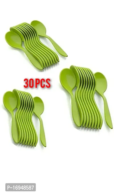 Plastic Reusable Styles Table Spoon, Coffee Spoon, Ice-cream Spoon, Dessert Spoon, Tea Spoon For Home, Kitchen, Office-Green(30 Pcs)-thumb0