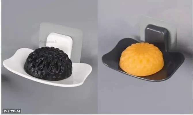 Plastics Soap Holder, Soap Stand, Soap Dish For Bathroom, Kitchen Self Adhesive- BlackWhite(2 Pcs)-thumb0
