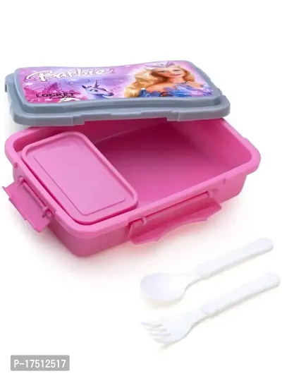 Plastic  2 Compartment Barbie Cartoon Printed Leak-Proof BPA Free Lunch Box For Girls, Tiffin Box for School Kids-Pink(1 Pcs)-thumb0