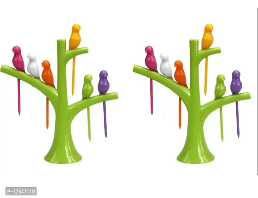 Plastic Bird Fork Set with Tree Shape Holder For Fruit, Kids Snack Dessert Forks-Multicolor(2 Pcs)-thumb0