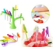 Plastic Bird Fork Set with Tree Shape Holder For Fruit, Kids Snack Dessert Forks-Multicolor(2 Pcs)-thumb1