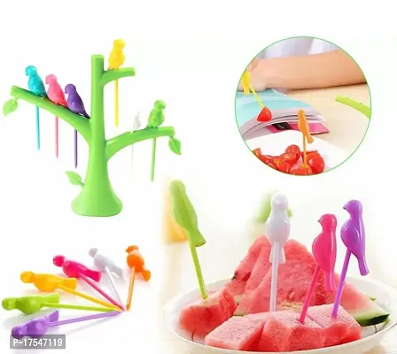 Plastic Bird Fork Set with Tree Shape Holder For Fruit, Kids Snack Dessert Forks-Multicolor(2 Pcs)-thumb3