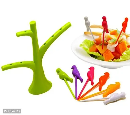 Plastic Bird Fork Set with Tree Shape Holder For Fruit, Kids Snack Dessert Forks-Multicolor(2 Pcs)-thumb5