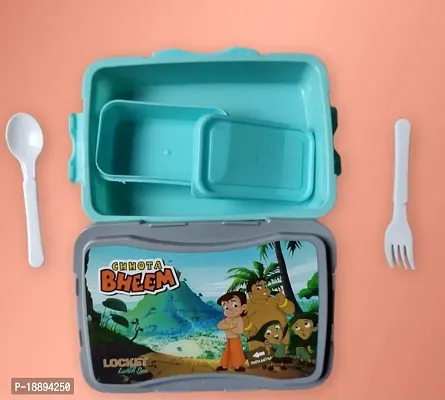 Plastic Kids Cartoon Character Chhota Bheem Printed Click Lock  Fit Lunch Box with Spoon  Fork For Girl and Boys, School-Blue(1 Pcs)