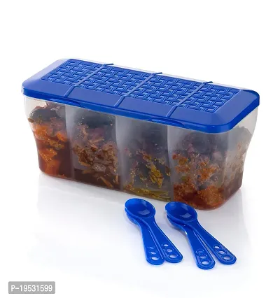 Plastic 4 Section Container for Storage of Masala, Dry Fruits, Spices, Pickles with Spoon and Attached Rotating Lid For Kitchen, Home-Blue(Pack of 1)