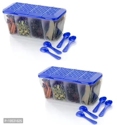 Combo Pack Plastic 4 Section Container for Storage of Masala, Dry Fruits, Spices, Pickles with Spoon and Attached Rotating Lid For Kitchen, Home-Blue(Pack of 2)