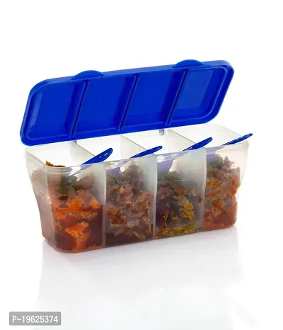 Plastic 4 in 1 Multipurpose 4 Section Kitchen, Fridge Storage Airtight Container Set for Vegetables, Dry Fruits, Spices, Groceries, and Pickles with 4 Spoons Storage Set-Blue(1 Pcs)-thumb0