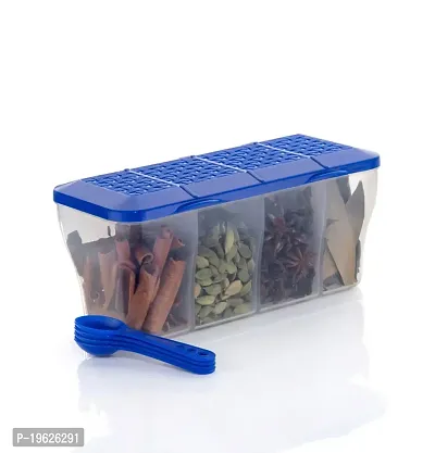 Multipurpose Plastic 4 In 1 Masala Box for Kitchen, Transparent Pickle Box, 4 Compartment Storage Container Airtight For Cereal, Dry Fruits Dabba With Spoon-Blue(1 Pcs)