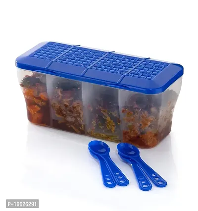 Multipurpose Plastic 4 In 1 Masala Box for Kitchen, Transparent Pickle Box, 4 Compartment Storage Container Airtight For Cereal, Dry Fruits Dabba With Spoon-Blue(1 Pcs)-thumb4