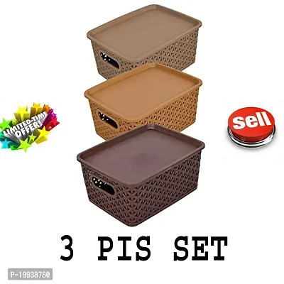 Multicolor 3 Pcs Set Multipurpose Solitaire Storage Basket with Lid, Strong Plastic Material  Side Grip For Grocery, Vegetable
