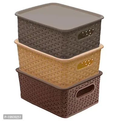 Plastic Sturdy Storage Basket for Shelves Design with an Ergonomics Handle, Easy for You to Stack or Move For Kitchen, Home, Office-Multi(3 Pcs)
