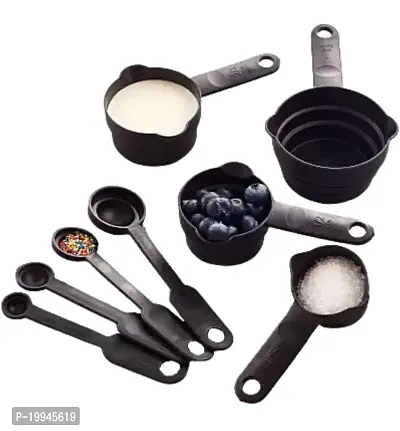 Plastic Multipurpose Tablespoon Cups with Ring Holder Measuring Cup  Spoon for Spices for Cooking and Baking Cake -Black(8 Pcs)