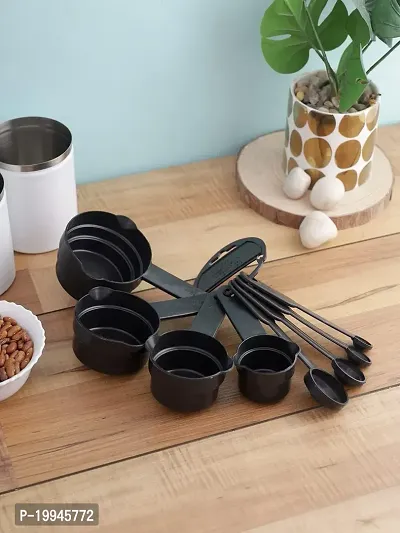 Kitchen Tool Measuring Cup 4 Pcs And Spoon  4 Pcs For Measure Gram Flore, Oil, Sugar, Salt, Masala-Black-Plastic (8 Pcs)