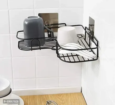 Self-Adhesive Metal Bathroom Corner Rack Storage Shelves, Bathroom Storage Rack Corner, Bathroom Corner Shelf (Black, Size:- 27cmX27cmX6) (Pack of 1)-thumb0