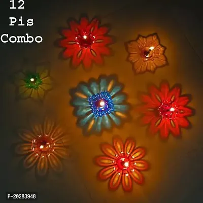 Combo Pack Of Designer 3D Reflection Diwali Diya Deepak - Diwali Decoration items for Home - 3d Transparent Diya, Decorative Oil lamp With 12 Pcs Wick And Wick Holder-Multicolor(12 Pcs)-thumb2