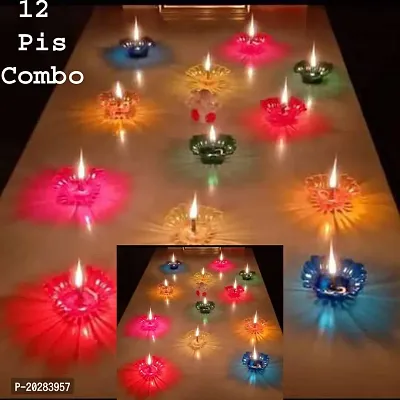 Designer Transparent 3D Floating Reflection Special Reusable Colourful Sai Ram Decorative Plastic Oil Diya With 12 Pcs Wick And Wick Holder - Multicolor (Set of 12)-thumb0