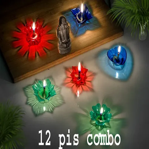 Plastic 12 Pcs Lamp, Decorative Dipawali , Diwali Diya, Reusable Diya Deepak, Colorful 3D Reflection Diya Combo Plastic Table Diya Set With 12 Pcs Wick And Holder -(Multicolor)