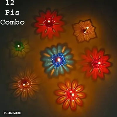 Plastic Festival Special Combo Pack 12 Designer Plastic Multicolor Transparent Diwali Special Colourful 3D Reflection Oil Diyas With 12 Pcs Wick And Holder  Diwali Decoration 12Pc Set-thumb2